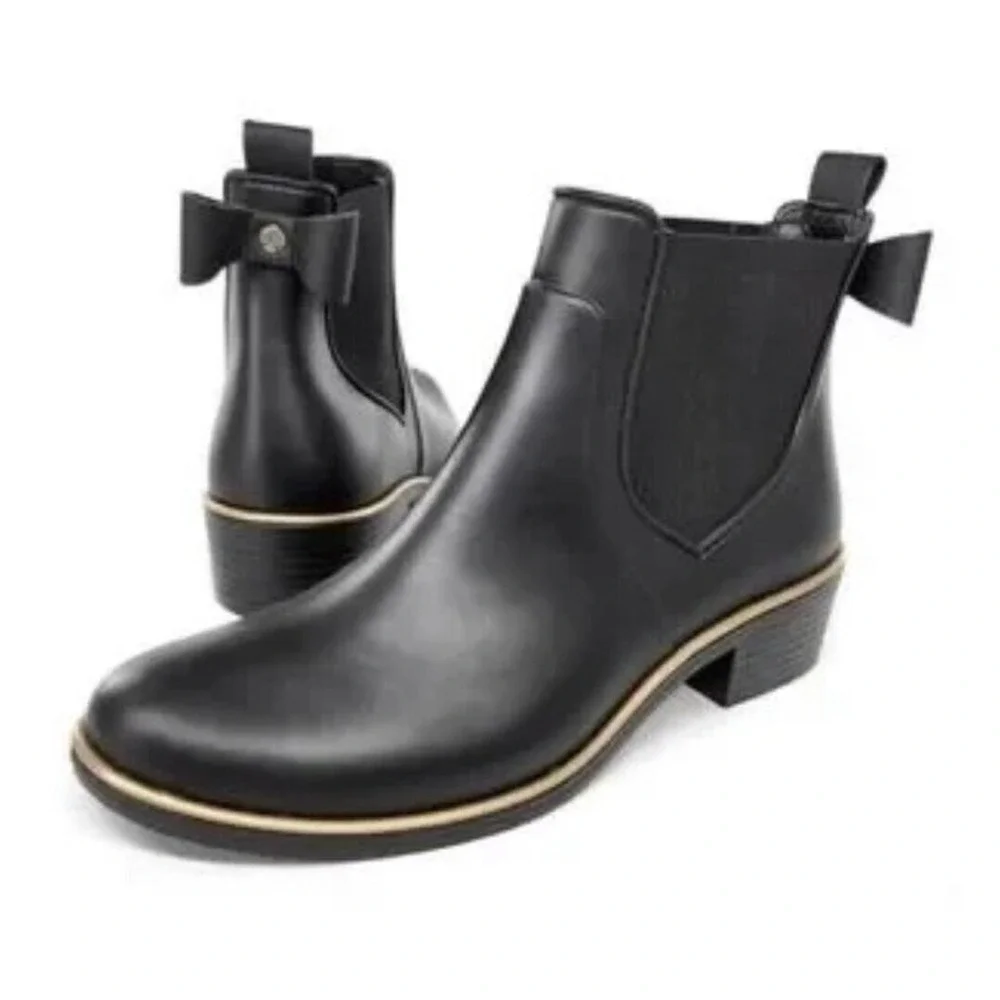 Kate Spade Edimburg Rain Boots Women 8 Black Gold Trim Bow Chelsea Ankle Boot